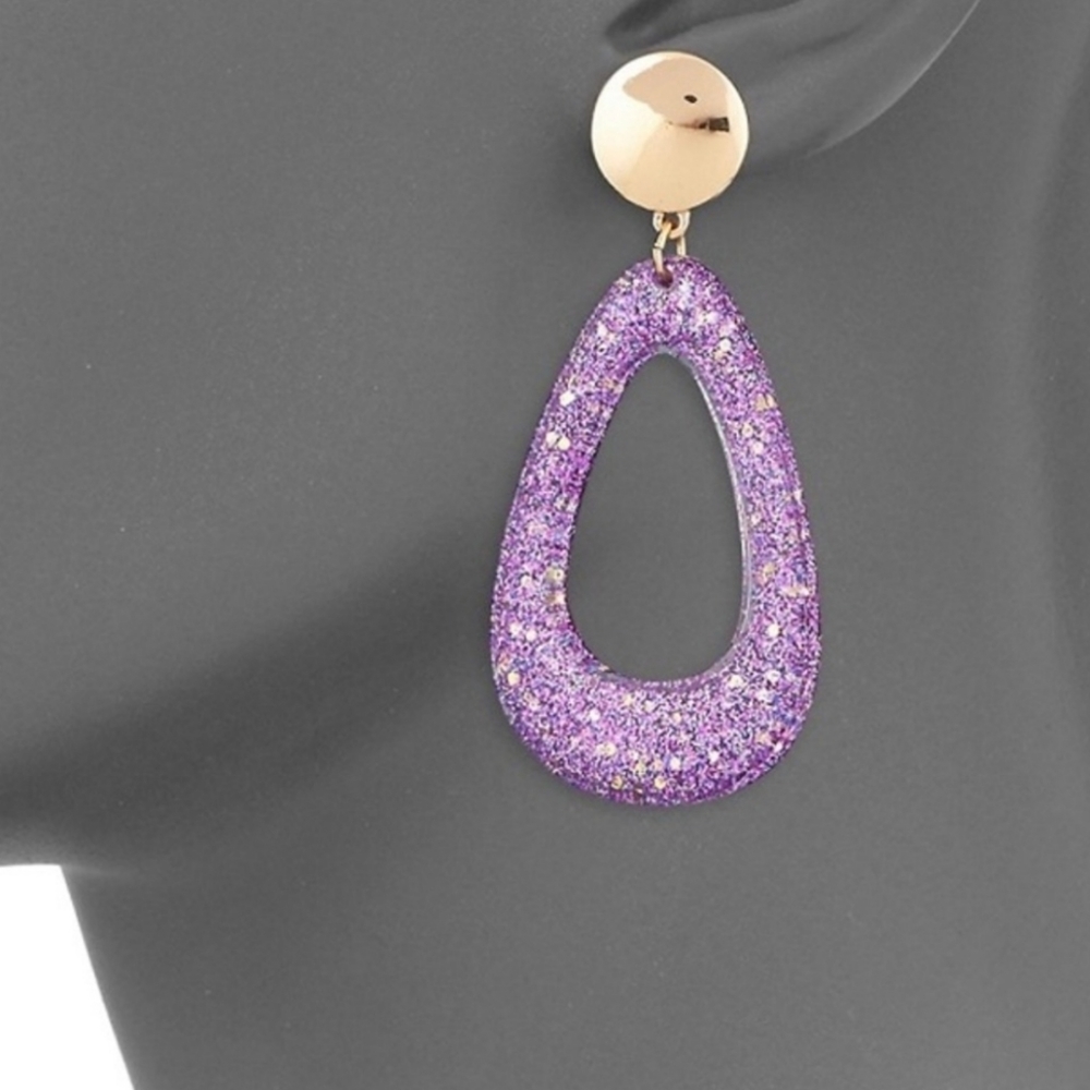Ava & Aiden Water-Drop Purple Glitter Acrylic Dangle Earrings NWT